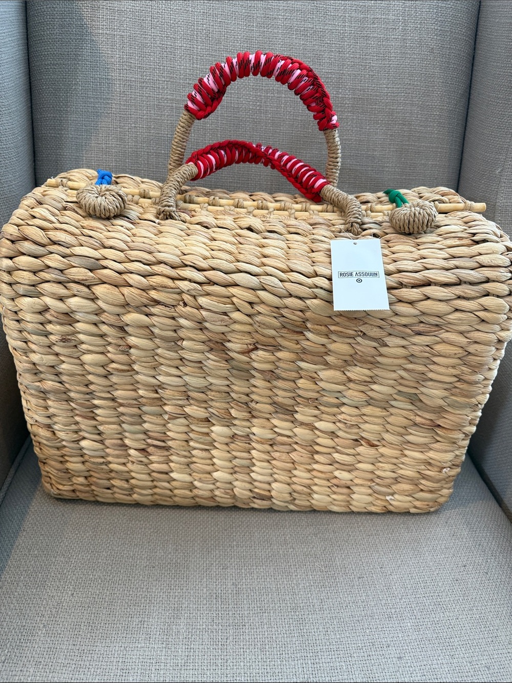 Rosie Assoulin Viral Natural Woven Weekender Tote with Red Wrapped Handles